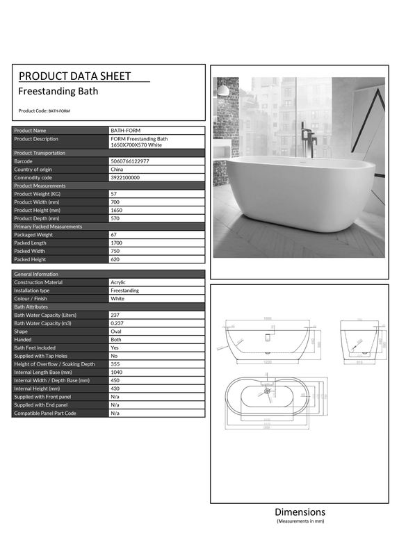 1650X700 Free Standing Bath