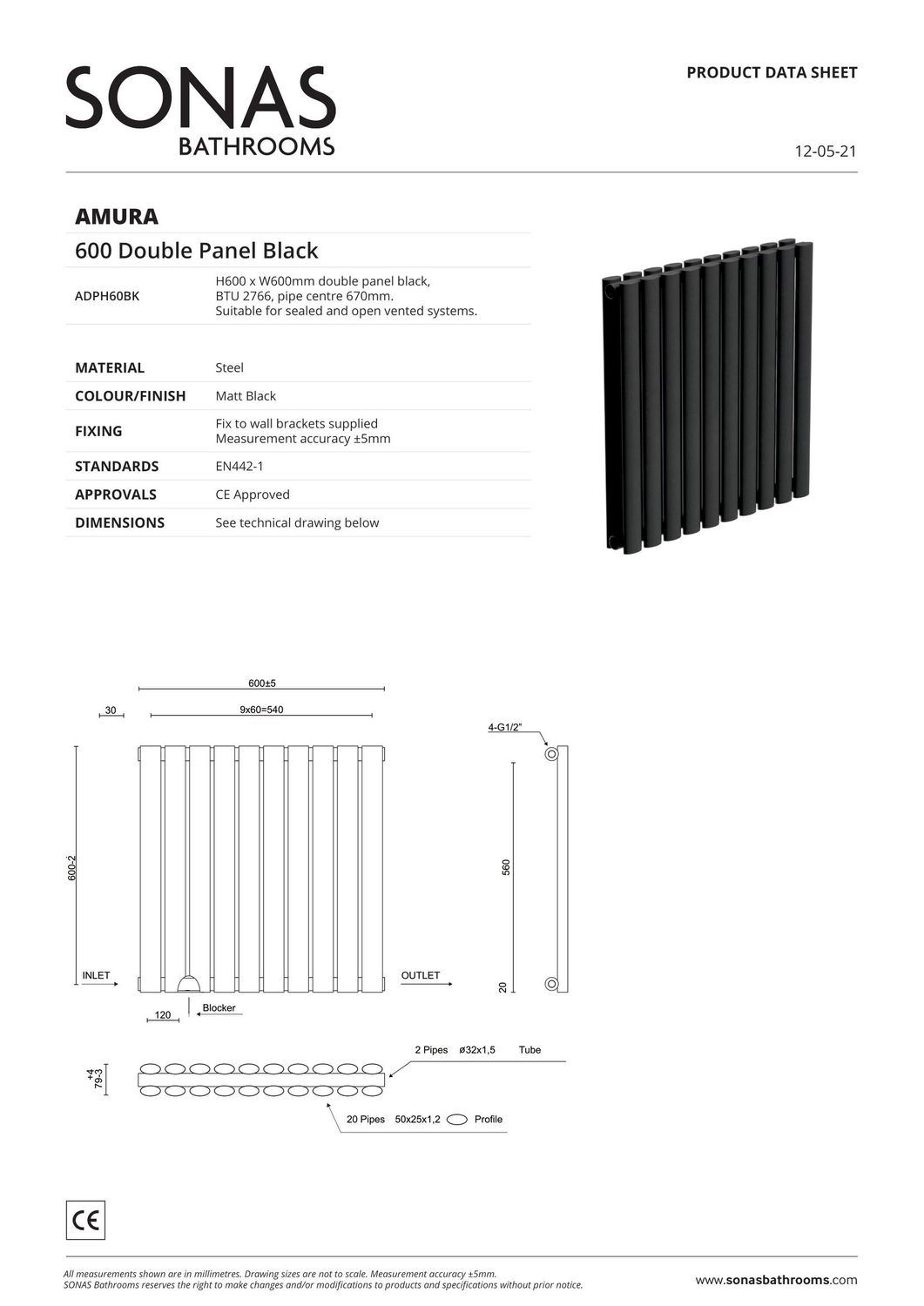 AMURA 600x600mm Designer Radiator Horizontal Double Panel, Colour: Black