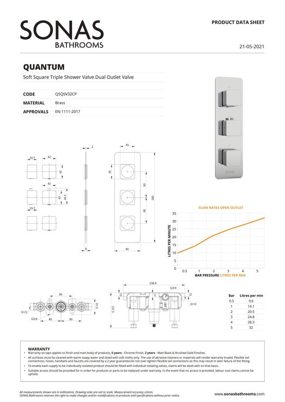 ALITA Soft Square Triple Control Dual Outlet Shower Valve Chrome