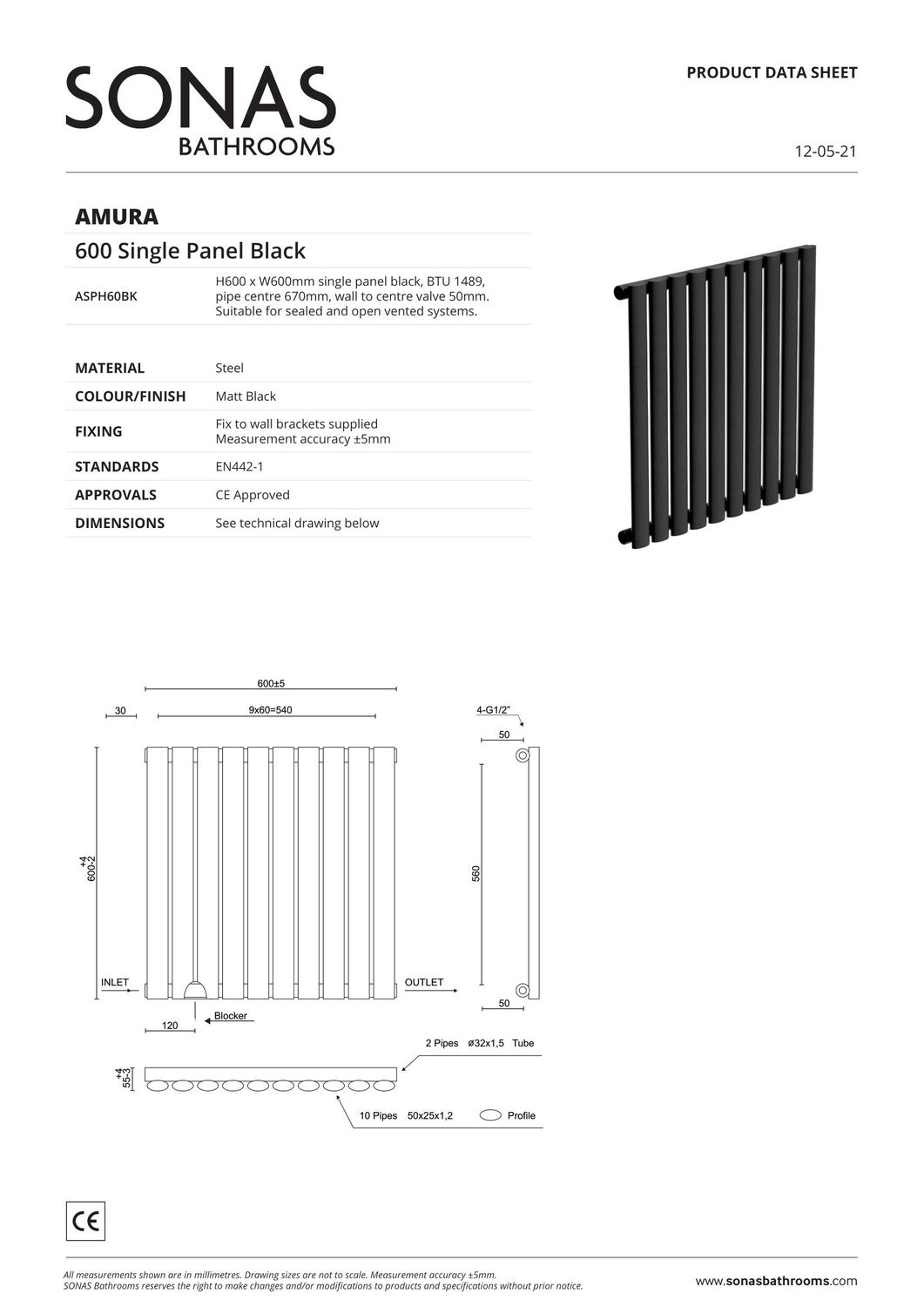 AMURA 600x600mm Designer Radiator Horizontal Single Panel, Colour: Black