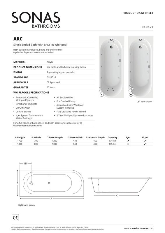 ARC 1700x700mm Single Ended 8 Jet Whirlpool Bath White