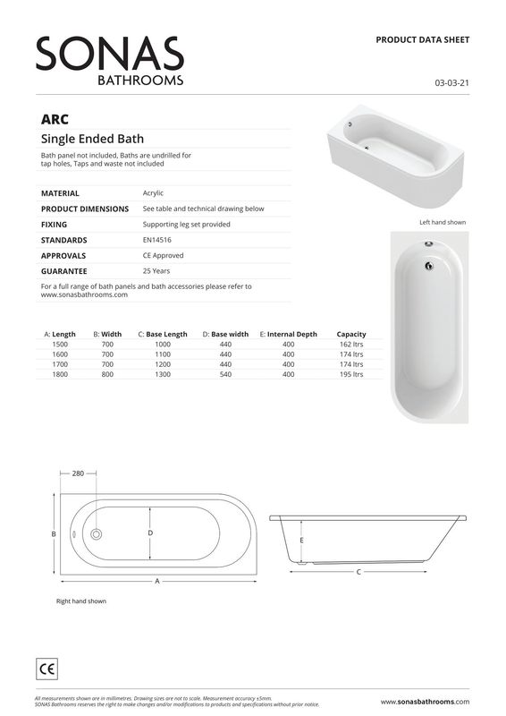 ARC Left Hand Single Ended Bath White