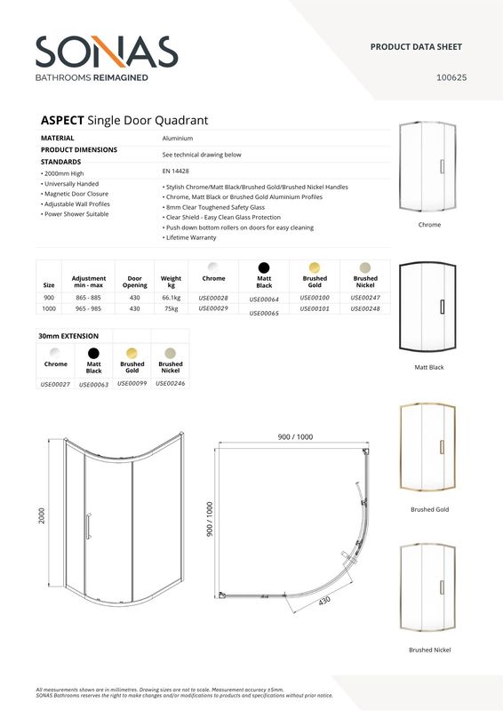 ASPECT Single Door Quadrant Shower Door Brushed Nickel