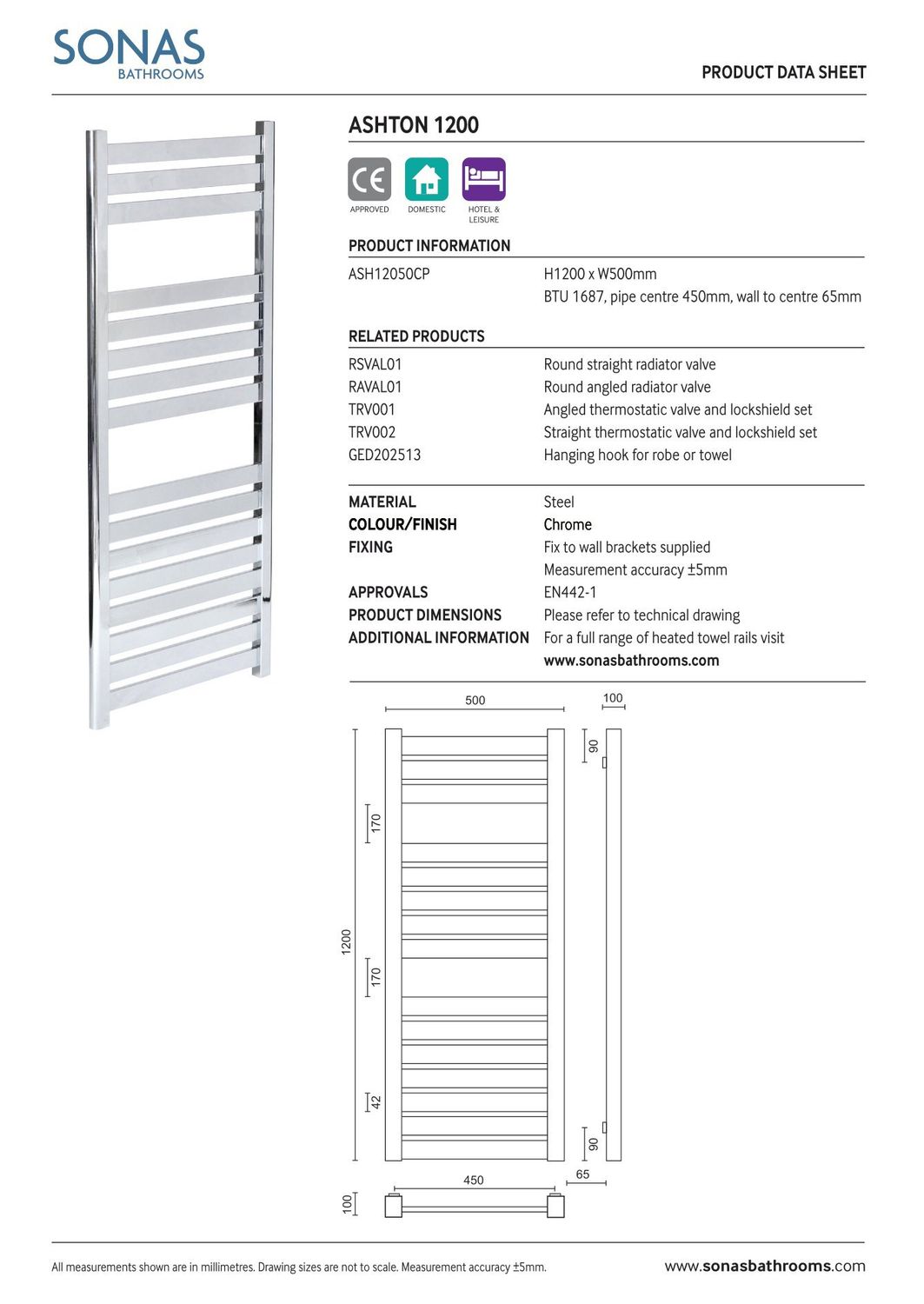 ASHTON 1200x500mm Towel Warmer, Colour: Chrome