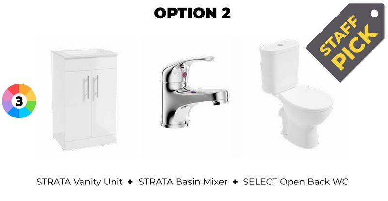SONAS Strata Floorstanding 50 cm Two Door Vanity Unit &amp; Strata Basin Mixer Chrome &amp; Select Open Back  WC Bundle
