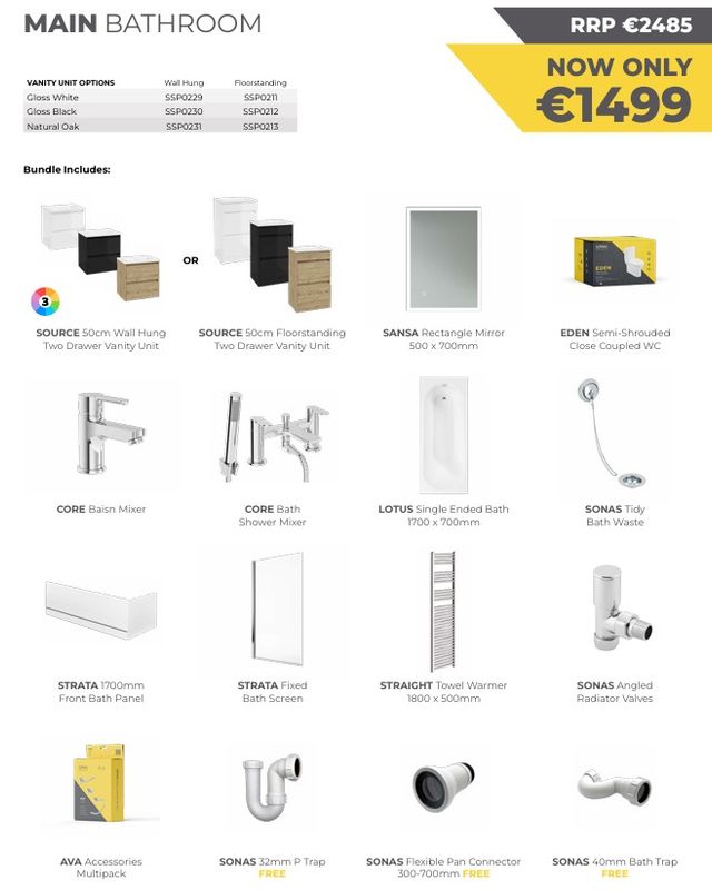SONAS Main Bathroom. 50 cm Floorstanding Two Drawer Vanity Unit Bundle