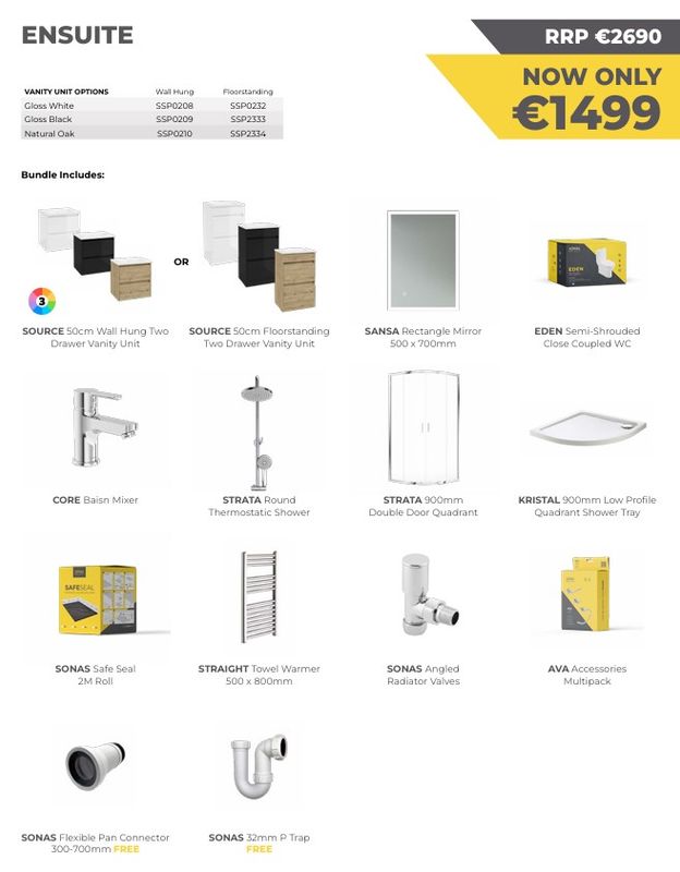 SONAS Ensuite. Source 50cm Wall Hung Two Drawer Vanity Unit Bundle