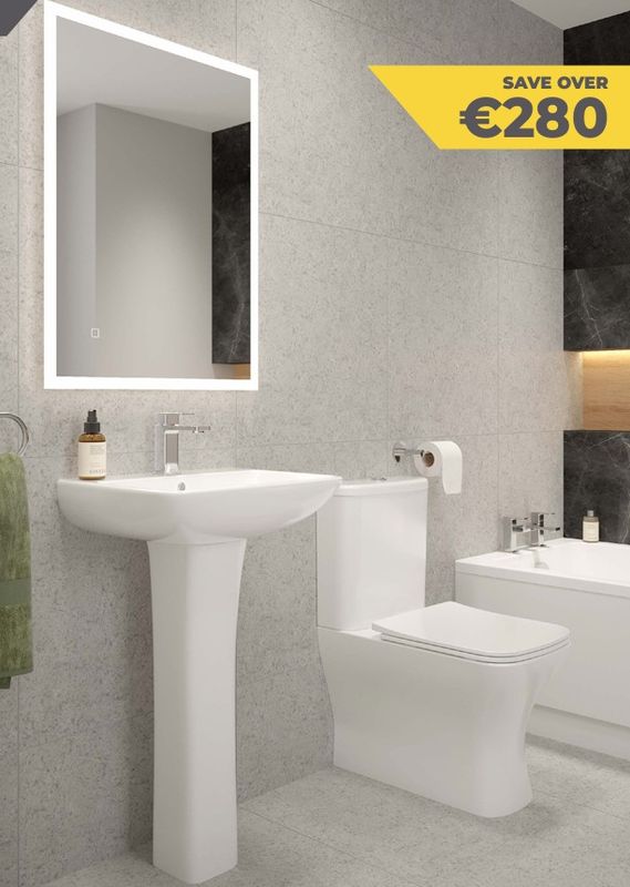 SONAS Score Bundle. (Fully Shrouded Close Coupled WC + 50 cm Wash Basin &amp; Full Pedestal + Basin Mixer, Chrome) Bundle