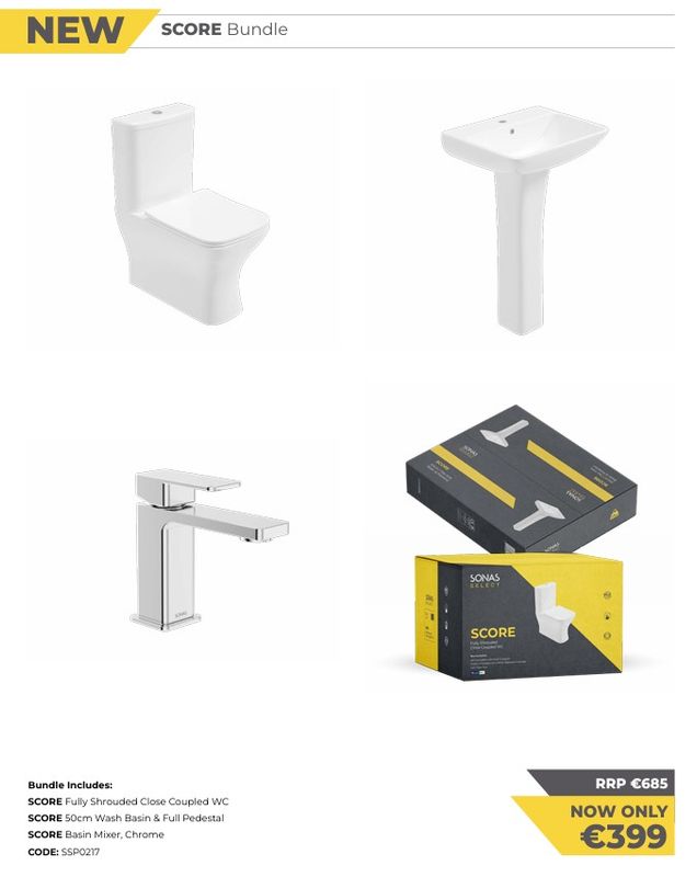 SONAS Score Bundle. (Fully Shrouded Close Coupled WC + 50 cm Wash Basin &amp; Full Pedestal + Basin Mixer, Chrome) Bundle