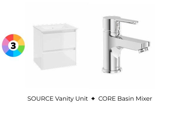 SONAS Source Wall Hung Two Drawer 60cm Vanity Unit &amp; Core Basin Mixer Bundle