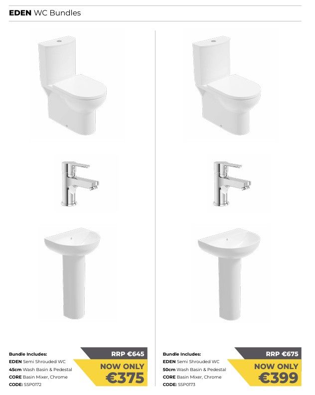 SONAS Eden WC Bundle. Semi Shrouded WC + Wash Basin &amp; Pedestal + Basin Mixer, Chrome Bundle