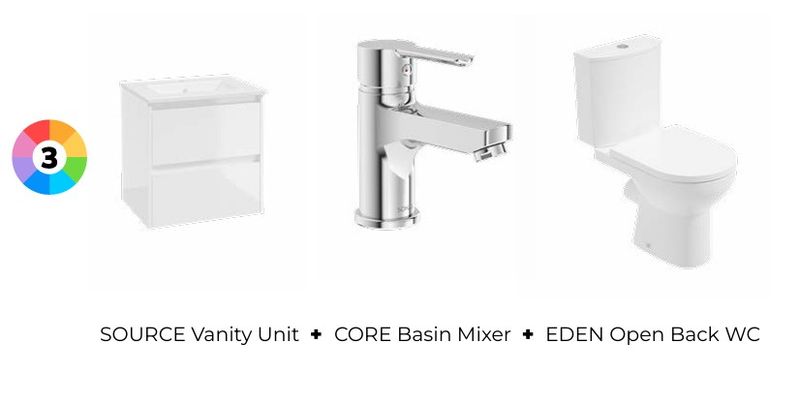 SONAS Source Wall Hung Two Drawer 60cm Vanity Unit &amp; Core Basin Mixer Bundle &amp; Eden Open Back WC