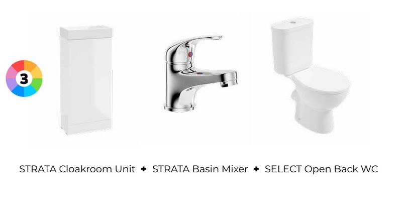 SONAS Strata Cloakroom Vanity Unit &amp; Strata Basin Mixer &amp; Select Open Back WC Bundle