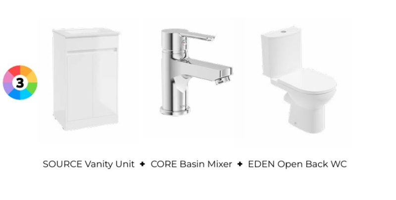 SONAS Source Floorstanding Two Door Vanity Unit Bundle. Source 50cm Vanity Unit + Core Basin Mixer + Eden Open Back WC