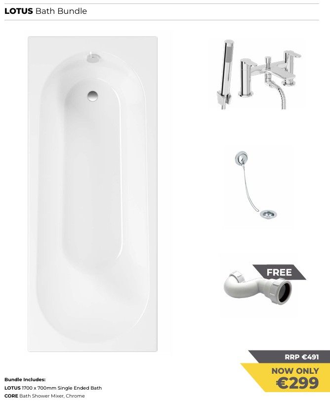 SONAS Lotus1700x700mm Single Ended Bath &amp; Core Bath Shower Mixer, Chrome &amp;  Sonas Tidy Bath Waste &amp; Select 40mm Bath Tap (FREE) Bundle