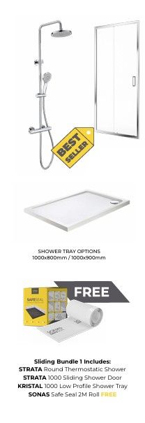 SONAS Strata Round Thermostatic Shower &amp; Strata 1000 Sliding Shower Door &amp; Kristal 1000 Low Profile Shower Tray &amp; Sonas Safe Seal 2m Roll (FREE) Bundle