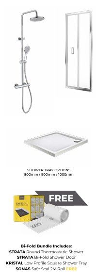 SONAS Strata Round Thermostatic Shower &amp; Strata Bi- Fold Shower Door &amp; Kristal Low Profile Square Shower Tray &amp; Sonas Safe Seal 2m Roll (FREE) Bundle