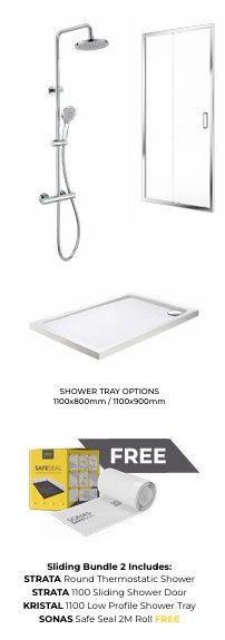SONAS Strata Round Thermostatic Shower &amp; Strata 1100 Sliding Shower Door &amp; Kristal 1100 Low Profile Shower Tray &amp; Sonas Safe Seal 2m Roll (FREE) Bundle