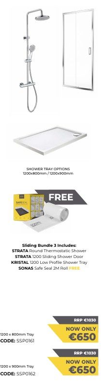 SONAS Strata Round Thermostatic Shower &amp; Strata 1200 Sliding Shower Door &amp; Kristal 1200 Low Profile Shower Tray &amp; Sonas Safe Seal 2m Roll (FREE) Bundle