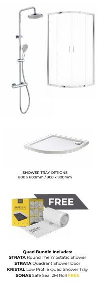 SONAS Strata Round Thermostatic Shower &amp; Strata Quadrant Shower Door &amp; Kristal Low Profile Quad Shower Tray &amp; Sonas Safe Seal 2m Roll (FREE) Bundle