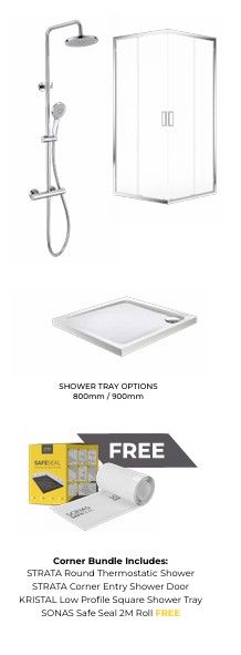 SONAS Strata Round Thermostatic Shower &amp; Strata Corner Entry Shower Door &amp; Kristal Low Profile Square Shower Tray &amp; Sonas Safe Seal 2m Roll FREE Bundle
