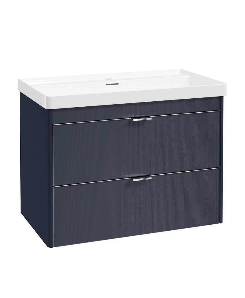 SONAS Lumiere Wall Hung 80cm Two Drawer Vanity Unit-Reed Basin Cobalt Night &amp; Handles