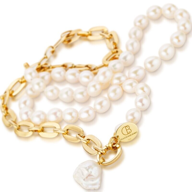 Link chain necklace with freshwater cultured pearls (biwa & baroque) and modular ring