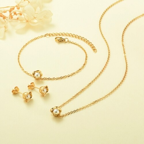 Set de Acero Inoxidable con Dije de Florecita, Aretes y Pulsera a Juego