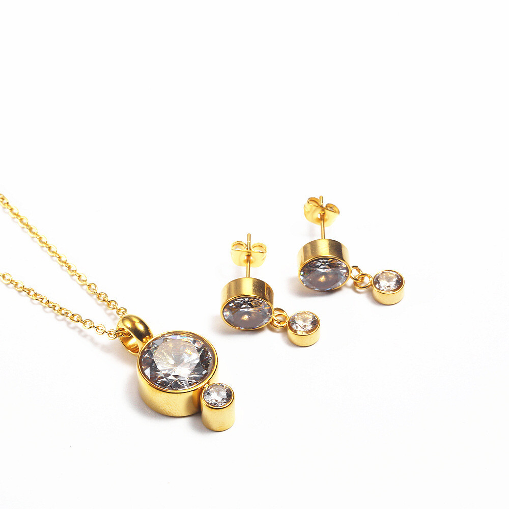 Set de Acero Inoxidable con Dijes de Cristal Facetado, Color: Dorado