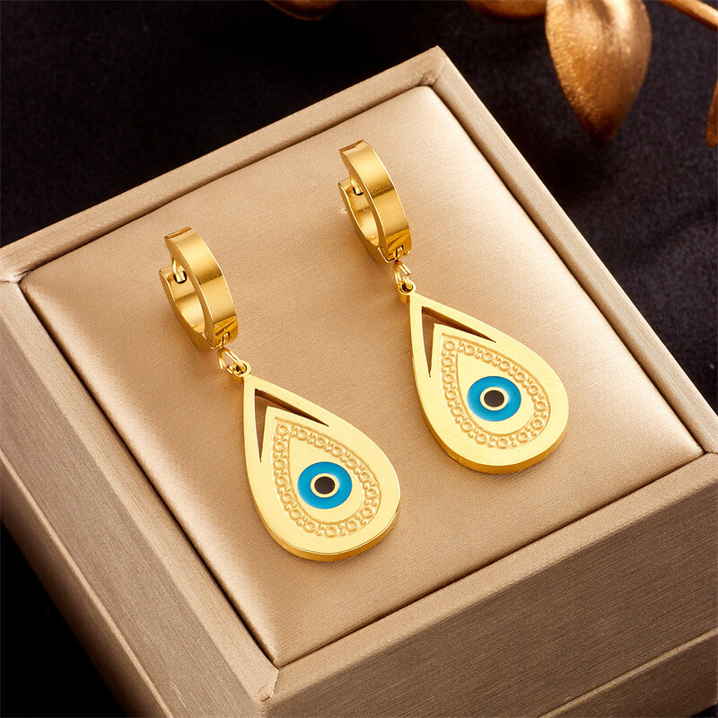 Aretes Argolla con Gota Colgante y Ojo Turco