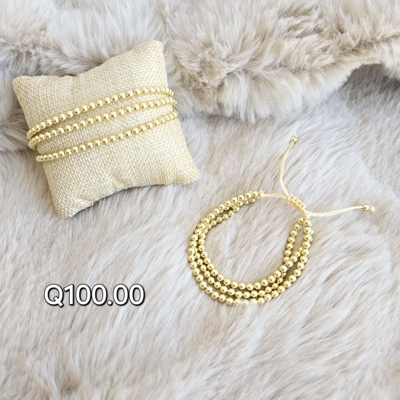 Pulsera Triple Ajustable de Bolitas con Baño de Rodio