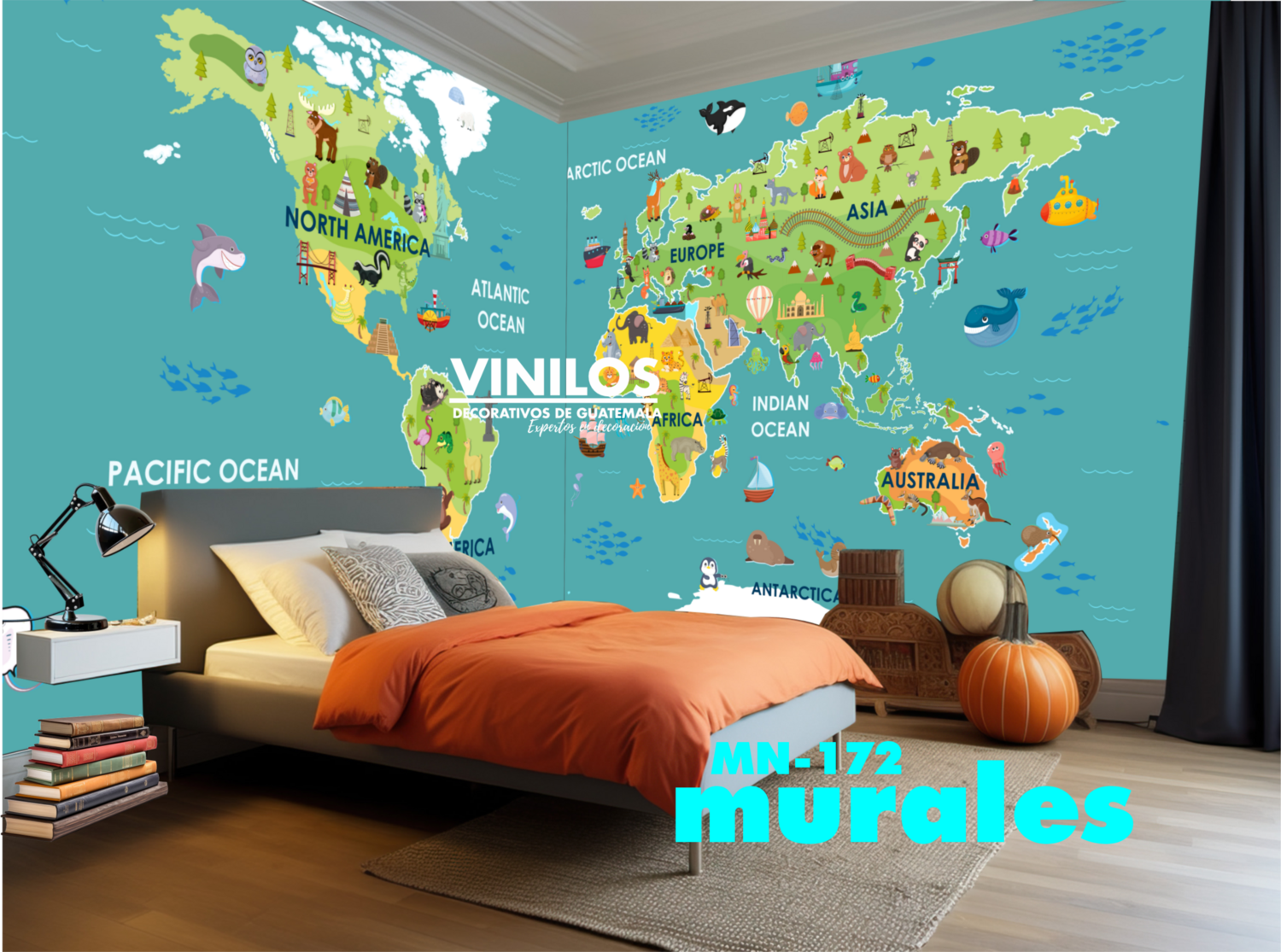 Kids World Map Wall Decal - Calcomania para pared Mapa Mundi animales