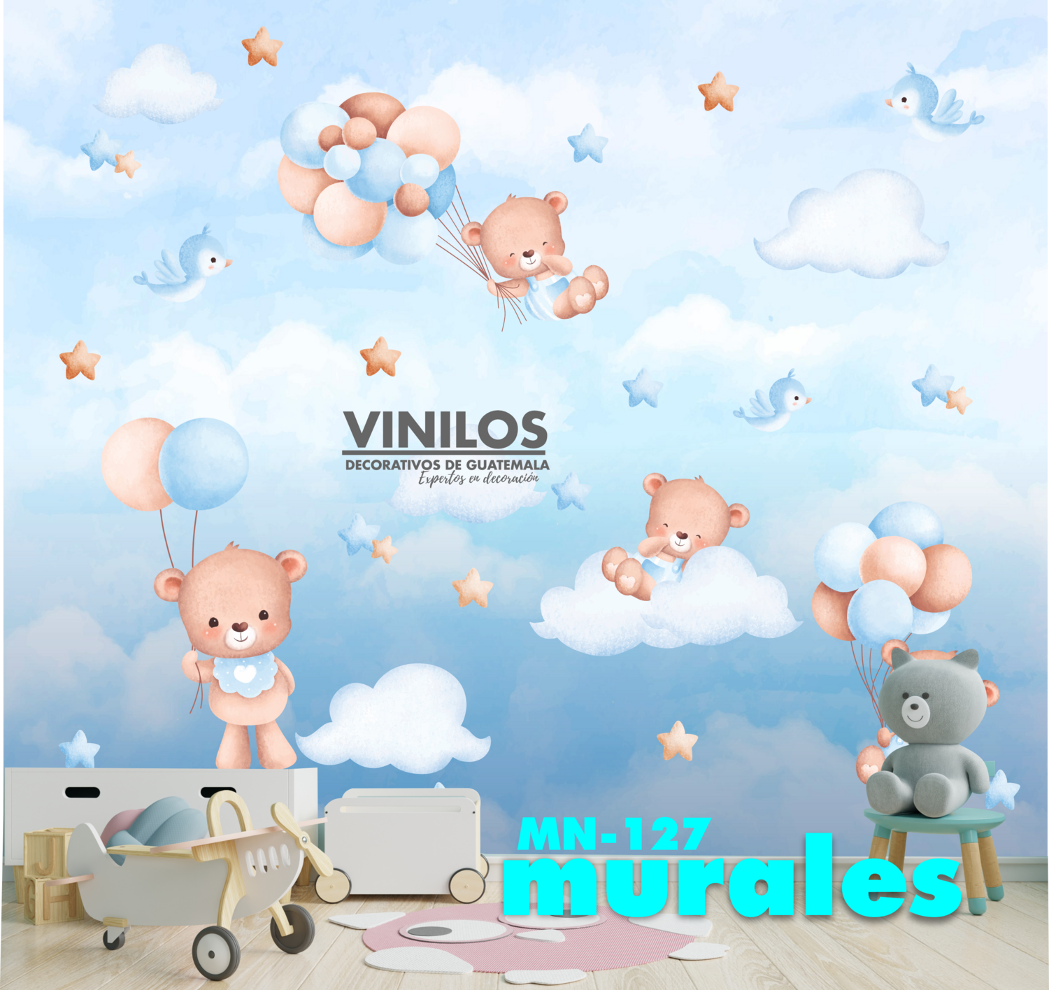 Bear on the Cloud Wall Decal- Calcomania de pared Ositos en las nubes MN127