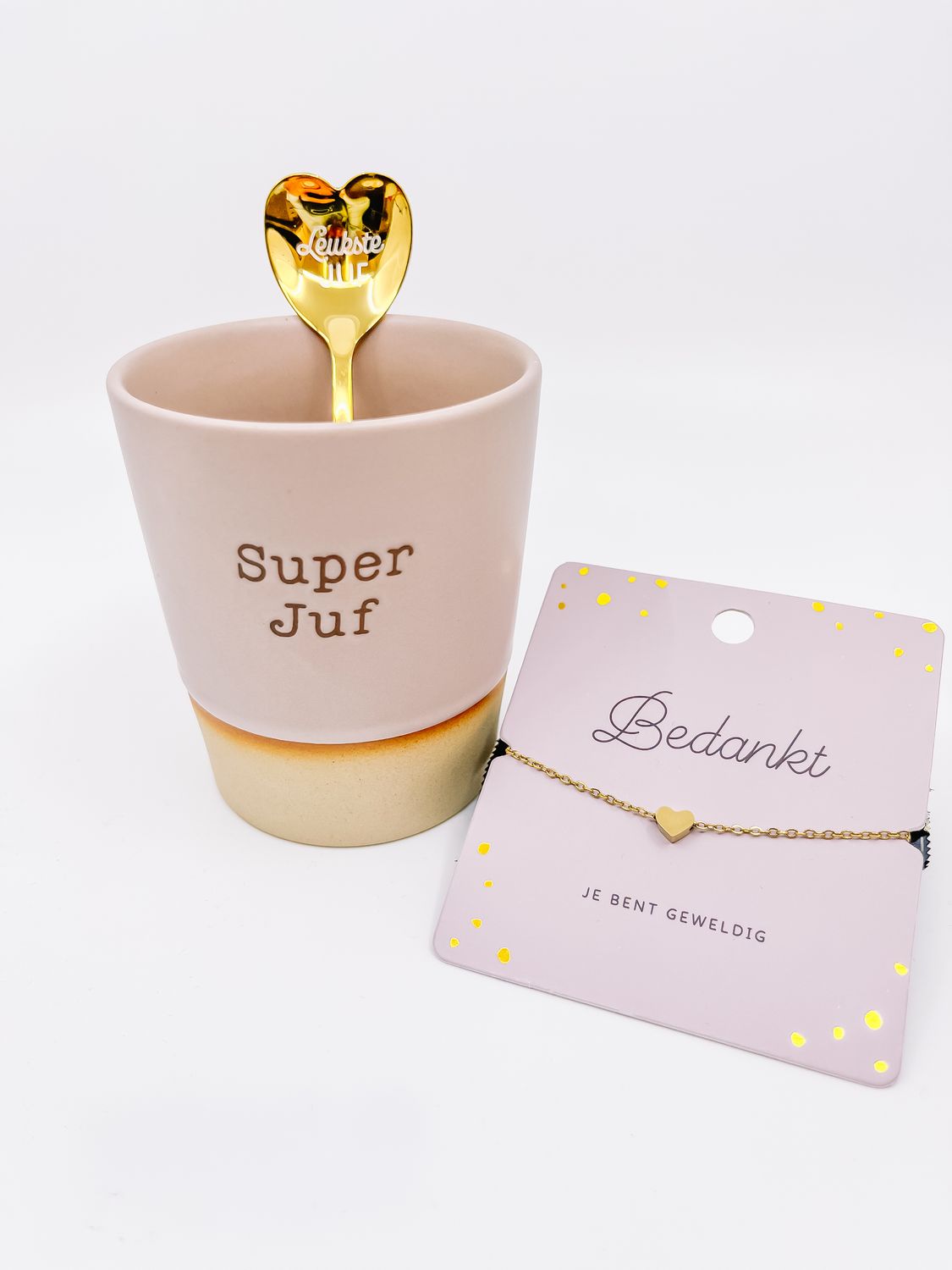 Set Keramiek mok + lepeltje Leukste Juf + Juweel