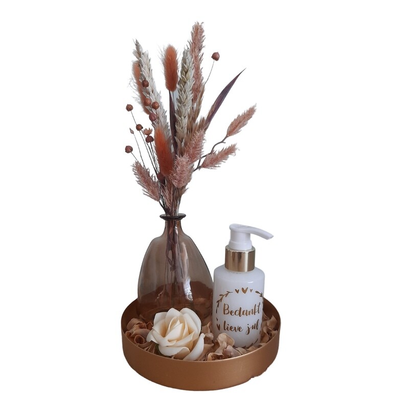 Decoratieset droogbloemen en handzeep koper (klein formaat)