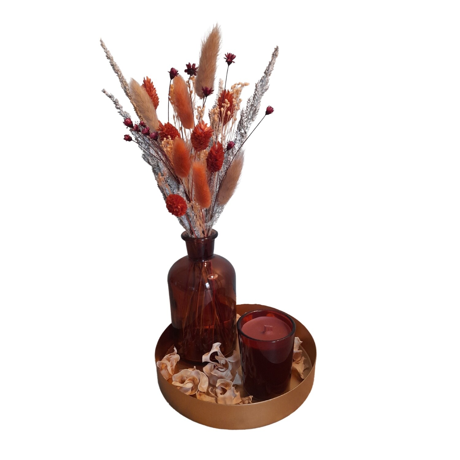 Decoratieset droogbloemen en geurkaars (klein fomaat)