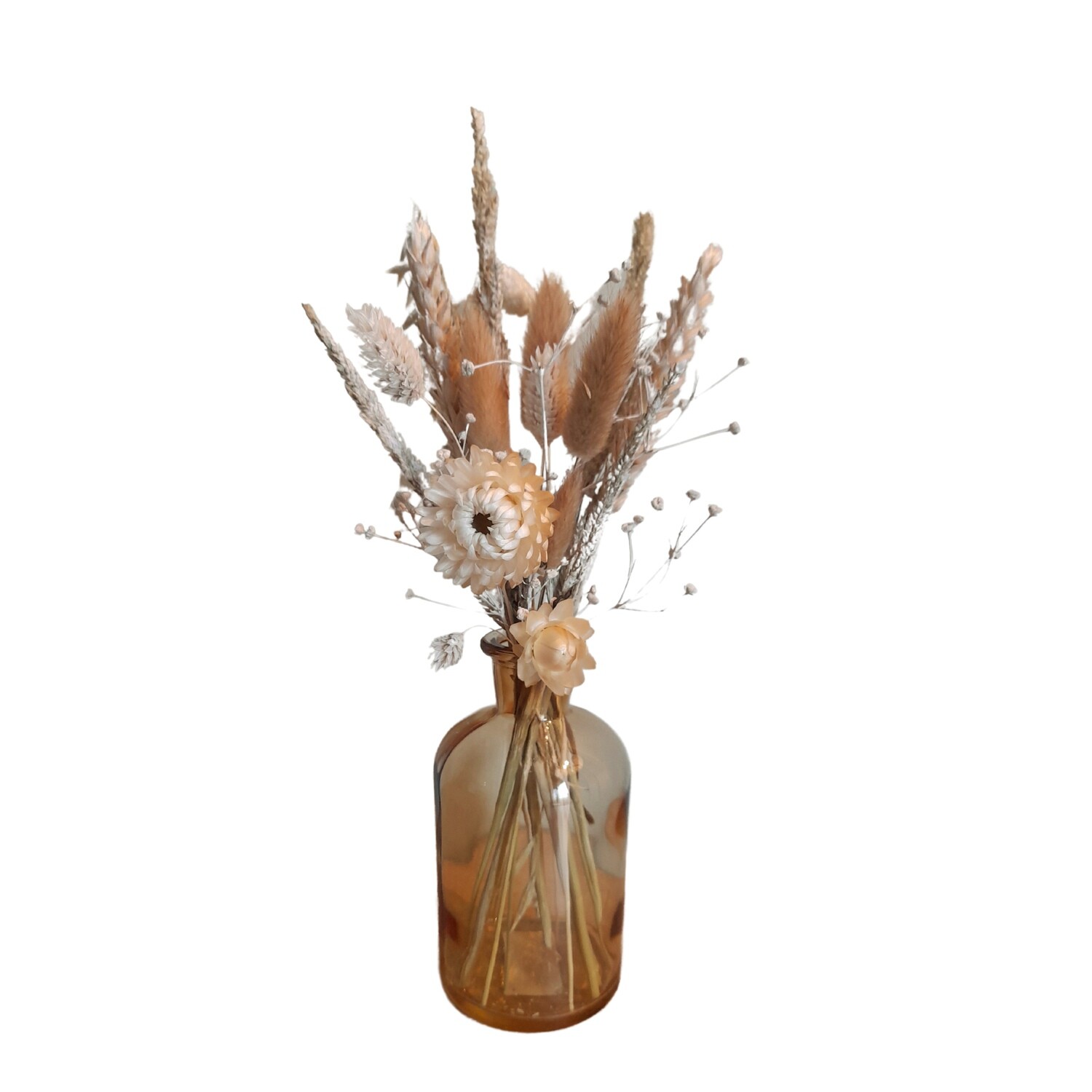 Vaasje met droogbloemen beige