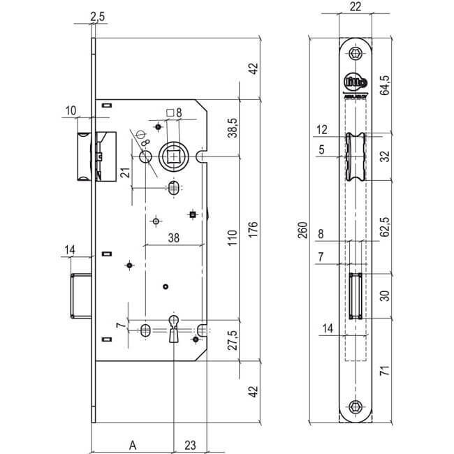 Litto A1353 binnendeurslot - As-afstand 110 mm / Afgeronde hoeken