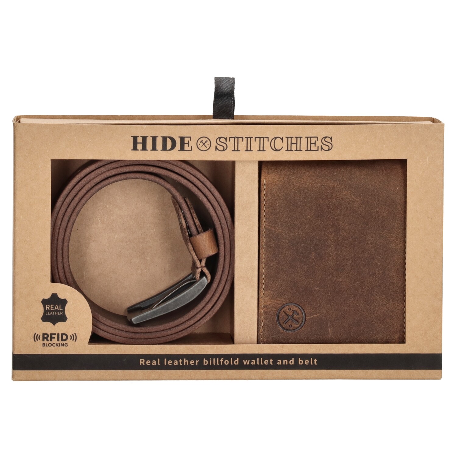 Hide & Stitches riem en portemonnee pakket - Bruin