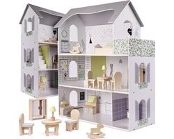 Zeer luxe XL houten poppenhuis met meubels 70 cm grijs - Speelhuisje voor jong en oud - Speelhuis van hout - Duurzaam speelgoed - groot model