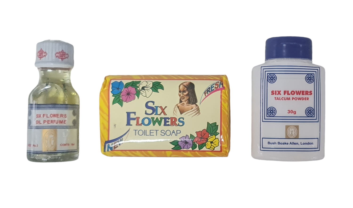 six flowers oil perfume 18ml + soapbar + free powder 30gr