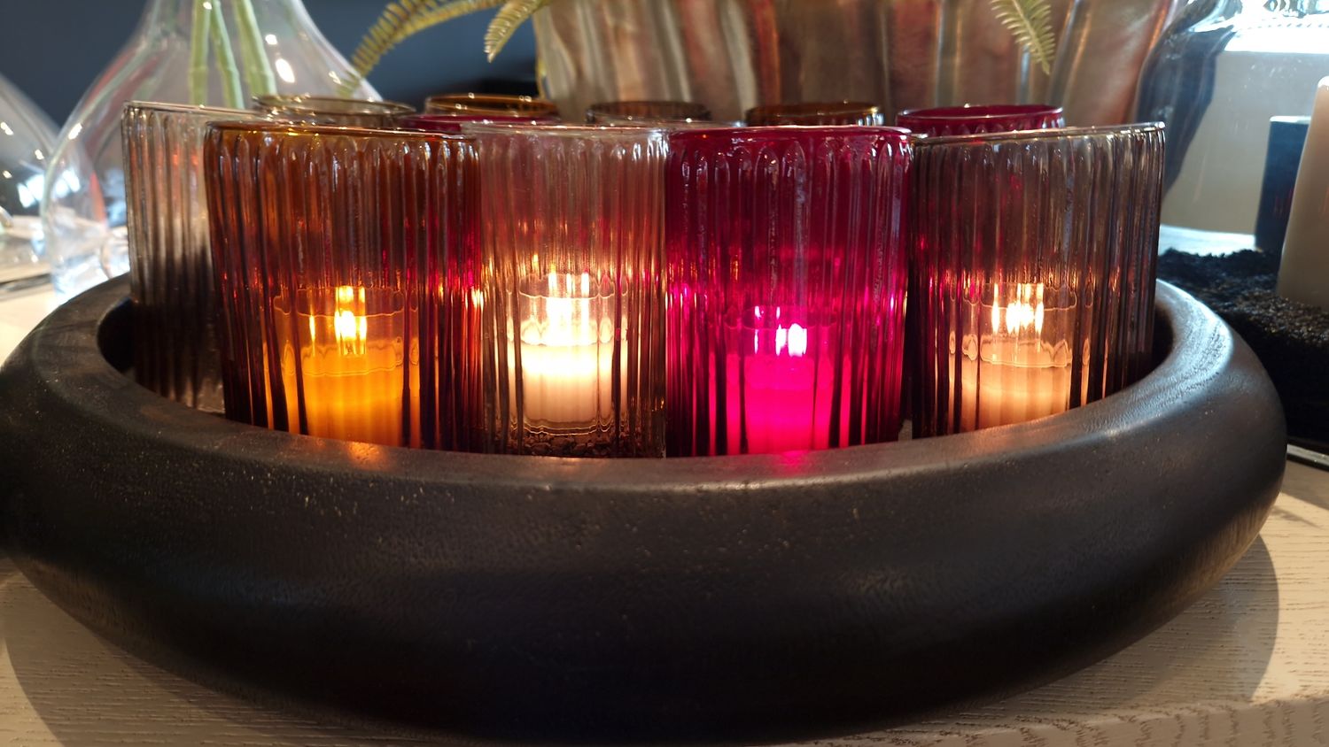 Dekocandle tealight Ribbed amber/ bronze/ red/ smoke