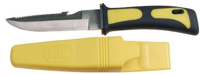Mes - Duikers mes met been holster, geel-zwart