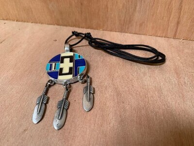 Hanger amulet met veren blauw