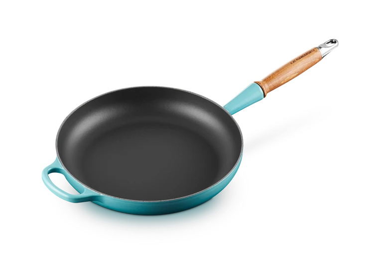 Le Creuset Gietijzer Koekenpan houten handvat Caribbean Blue 28CM 2,6L