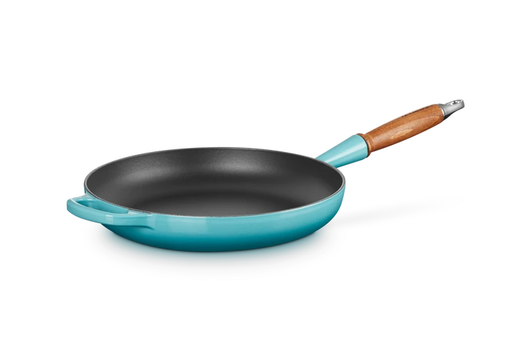 Le Creuset Gietijzer Koekenpan houten handvat Caribbean Blue 28CM 2,6L