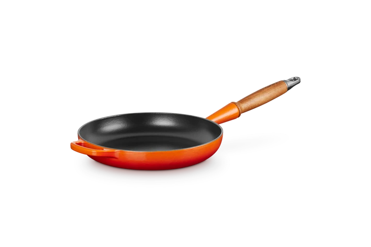 Le Creuset Gietijzer Koekenpan houten handvat Oranjerood