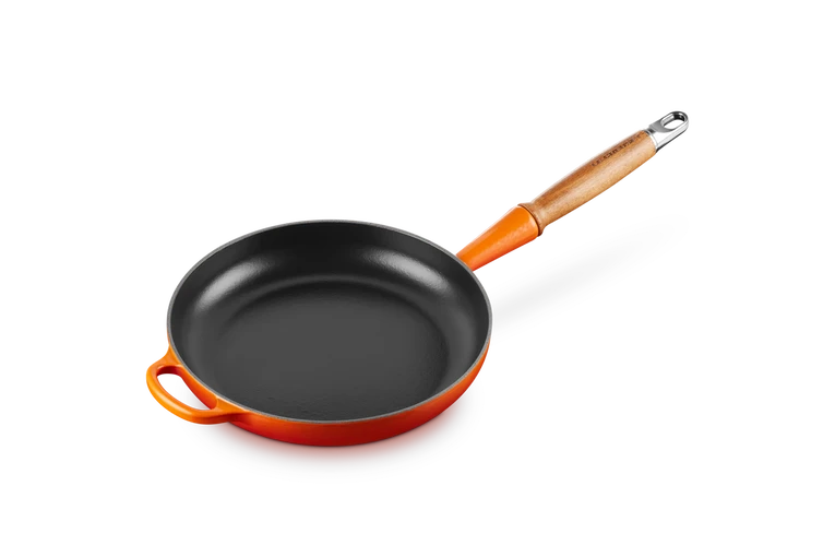 Le Creuset Gietijzer Koekenpan houten handvat Oranjerood