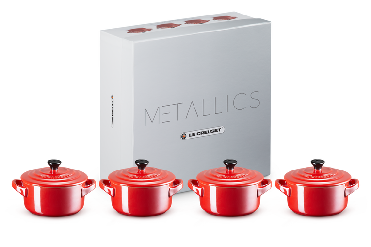 Le Creuset Aardewerken Set van 4 Mini Braadpannen Metallic Kersenrood 10CM 0,2L