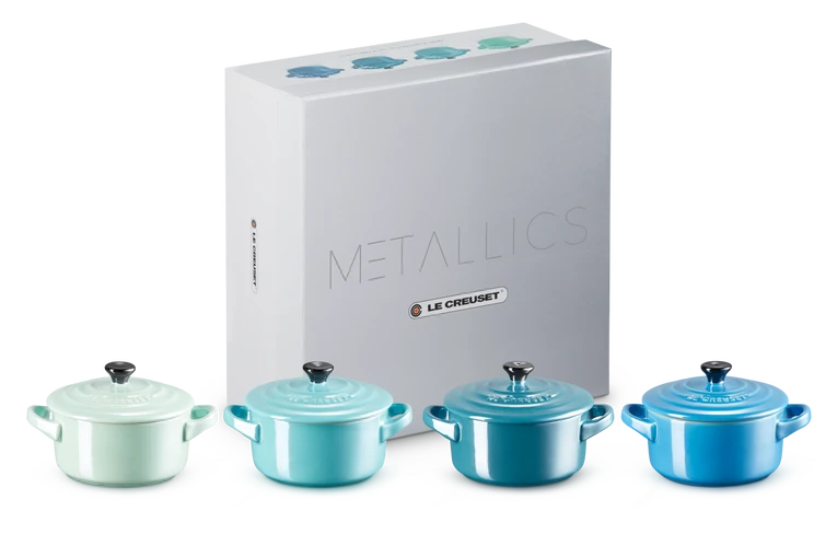 Le Creuset Aardewerken Set van 4 Mini Braadpannen Metallic Blauwe Tinten 10CM 0,2L